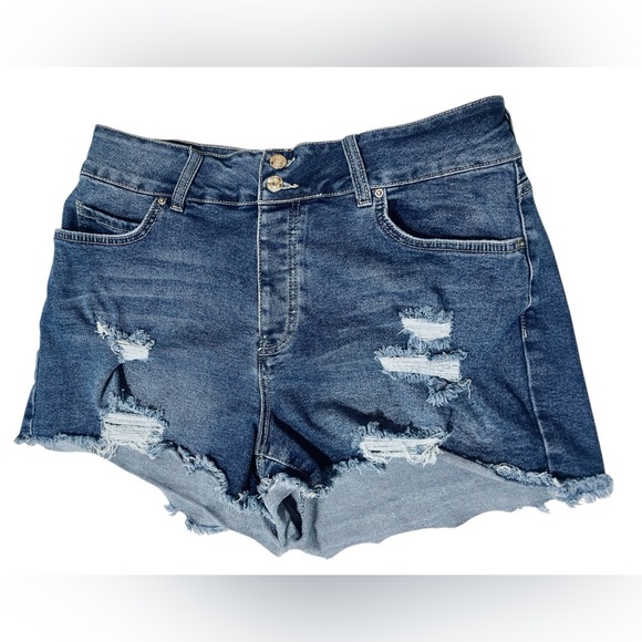 Rue21 Pants - Forever 21 High Rise Shortie Denim Short Frayed Hem Distressed Button Up Size 16